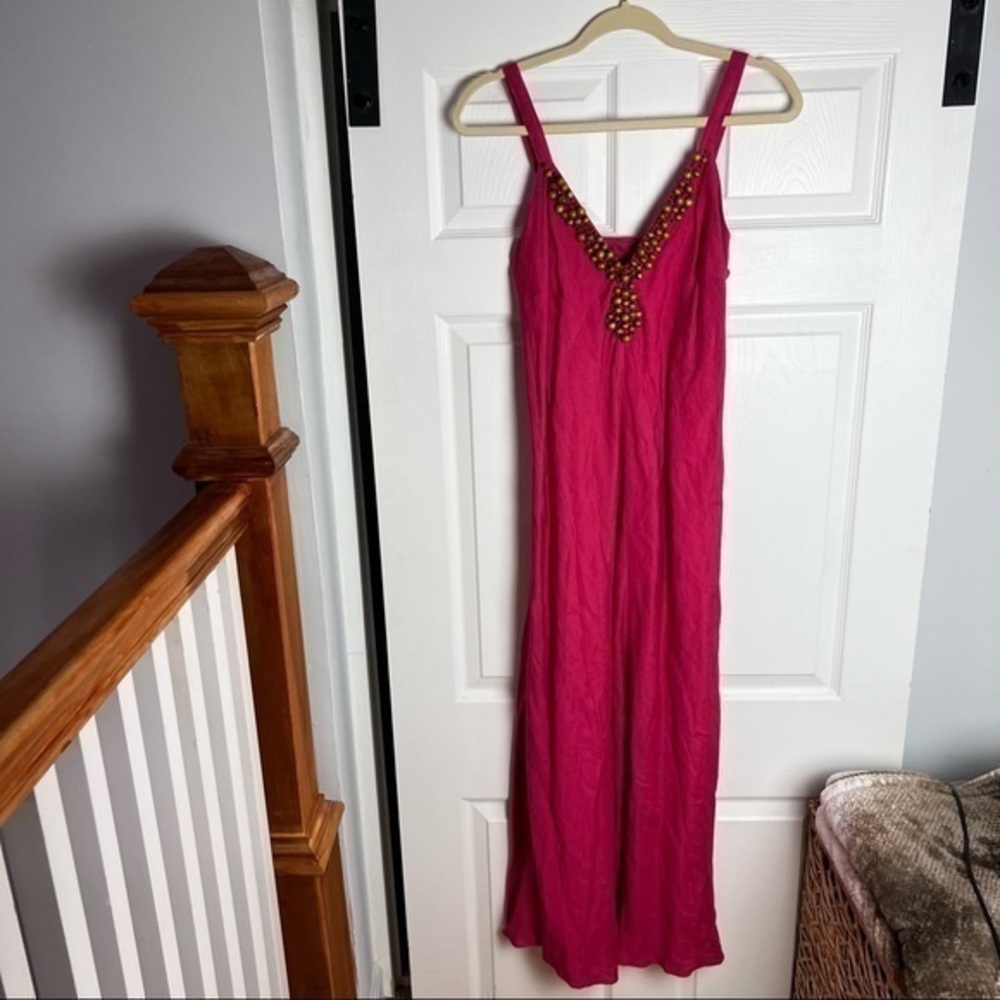 Metrostyle Linen Beaded V-Neck A-Line Maxi Dress‎